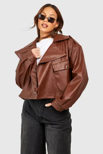 Womens Tall Textured Faux Leather Biker Jacket - Brown - 8, Brown