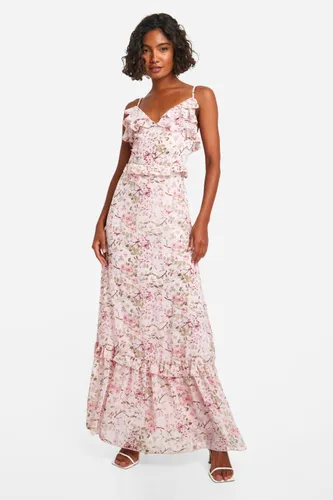 Womens Tall Woven Floral Ruffle Maxi Dress - Pink - 8, Pink