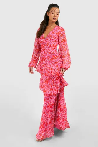 Womens Tall Woven Floral Wrap Tiered Maxi Dress - Pink - 12, Pink