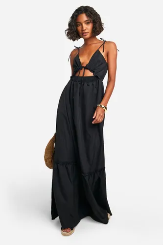 Womens Tall Woven V Neck Strappy Tiered Maxi Dress - Black - 8, Black
