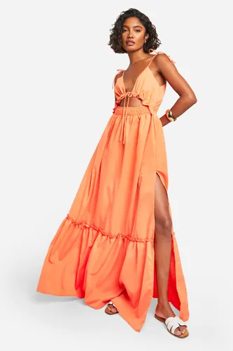 Womens Tall Woven V Neck Strappy Tiered Maxi Dress - Orange - 8, Orange