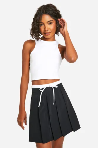 Womens Tall Woven Waist Detail Pleated Mini Skirt - Black - 8, Black