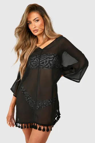Womens Tassel Hem Cover-Up Beach Dress - Black - S, Black