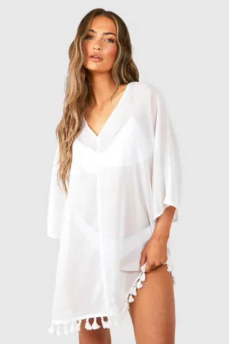 Womens Tassel Hem Cover-Up Beach Dress - White - S, White