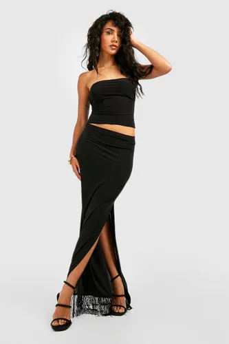 Womens Tassel Hem Slinky Maxi Skirt - Black - 8, Black