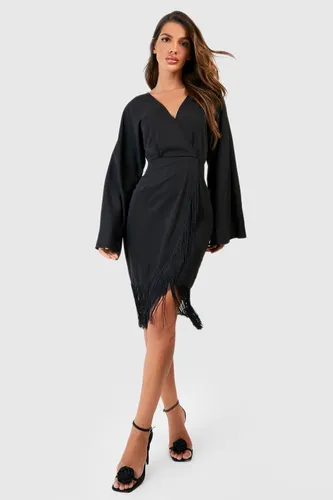 Womens Tassel Hem Wrap Mini Dress - Black - 8, Black