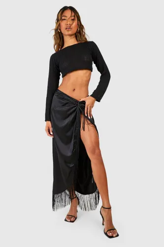 Womens Tassel Hem Wrap Satin Midaxi Skirt - Black - 6, Black