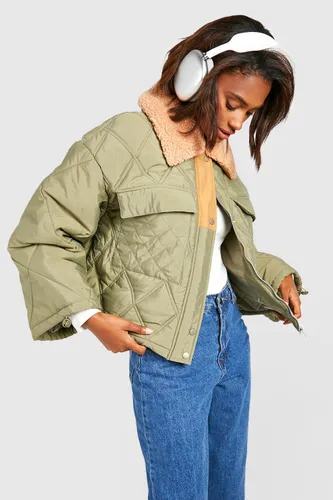 Womens Teddy Collar Quilted Puffer Jacket - Green - 8, Green