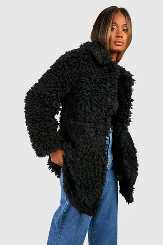 Womens Textured Collared Faux Fur Coat - Black - 8, Black