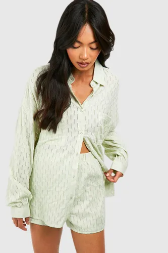 Womens Textured Cotton Oversized Shirt & Shorts - Green - 6, Green