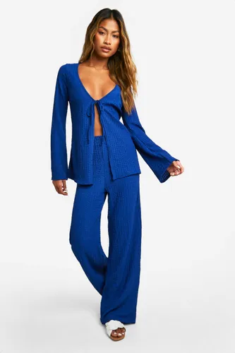 Womens Textured Crinkle Tie Front Top & Wide Leg Trousers - Blue - 6, Blue
