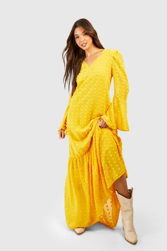 Womens Textured Dobby Flare Sleeve Maxi Dress - Yellow - 8, Yellow
