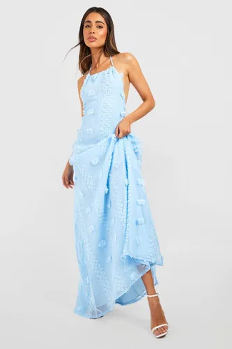 Womens Textured Dobby Mesh Halterneck Maxi Dress - Blue - 16, Blue