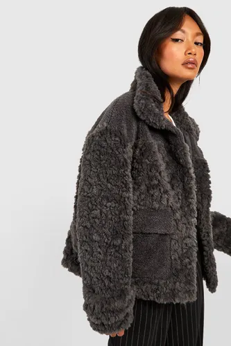 Womens Textured Faux Fur Jacket - Grey - 10, Grey