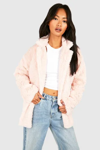 Womens Textured Faux Fur Longline Coat - Pink - 8, Pink