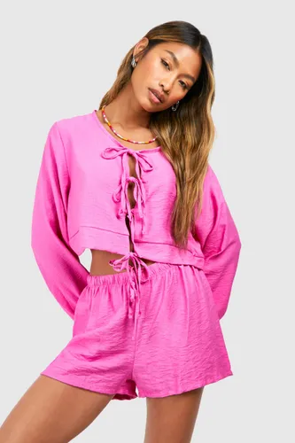 Womens Textured Linen Look Volume Sleeve Blouse & Flippy Shorts - Pink - 6, Pink