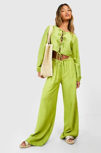 Womens Textured Linen Look Volume Sleeve Blouse & Wide Leg Trousers - Green - 6, Green