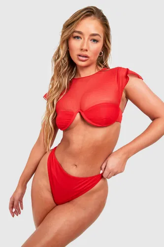 Womens Textured Mesh Overlay Underwired Bikini Top - 6, Red