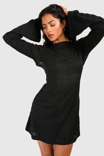 Womens Textured Open Back Tie Beach Mini Dress - Black - M, Black