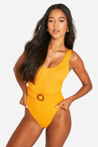 Womens Textured Rib Belted Scoop Swimsuit - Orange - 6, Orange