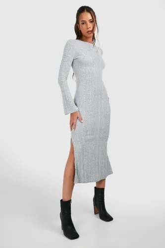 Womens Textured Rib Flare Sleeve Split Leg Midi Dress - Grey - 8, Grey