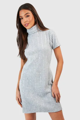 Womens Textured Rib Roll Neck Mini Dress - Grey - 10, Grey