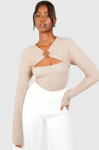 Womens Textured Ring Detail Cut Out Long Sleeve Top - Beige - 6, Beige