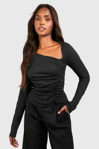 Womens Textured Ruched Long Sleeve Top - Black - 6, Black