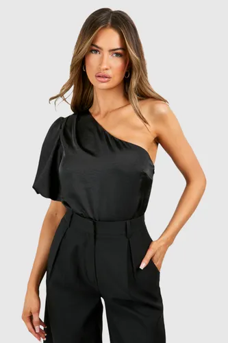 Womens Textured Satin Puff Sleeve Bodysuit - Black - 6, Black