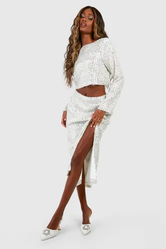 Womens Textured Sequin Stripe Split Midaxi Skirt - White - 6, White