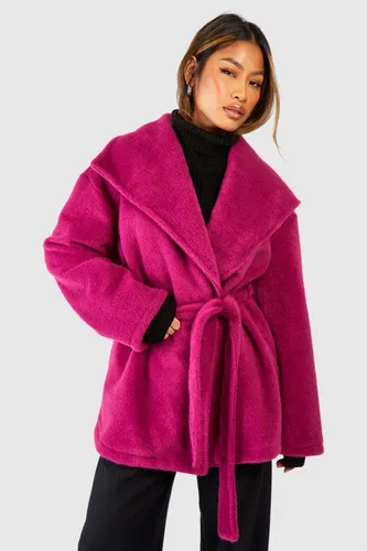 Womens Textured Shawl Collar Belted Longline Wool Look Coat - Pink - 8, Pink