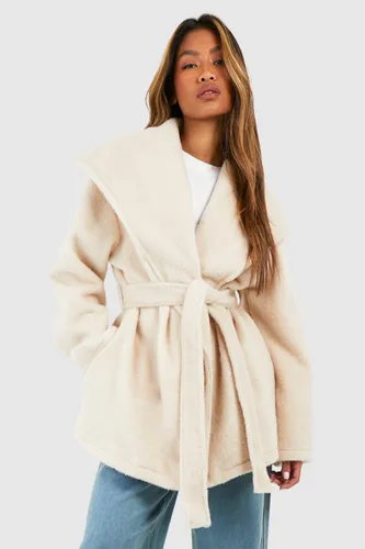 Womens Textured Shawl Collar Belted Longline Wool Look Coat - White - 8, White
