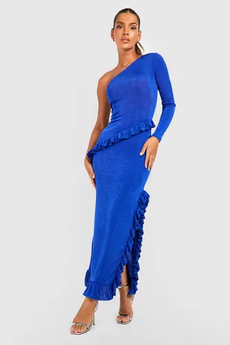 Womens Textured Slinky Ruffle One Shoulder Maxi Dress - Blue - 18, Blue