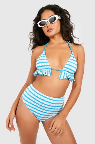 Womens Textured Stripe Ruffle Padded Triangle Bikini Set - Blue - 6, Blue