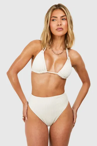 Womens Textured Triangle High Waisted Bikini Set - White - 6, White