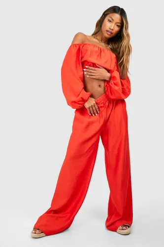 Womens Textured Volume Sleeve Bardot Crop & Wide Leg Trousers - 8, Red