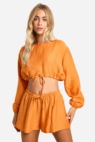 Womens Textured Volume Sleeve Crop & Flippy Shorts - Orange - 6, Orange