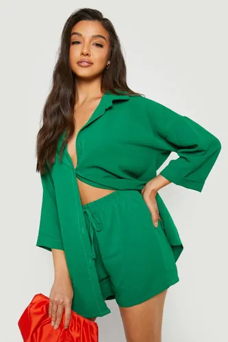 Womens Textured Woven Oversized Shirt & Shorts Set - Green - 8, Green