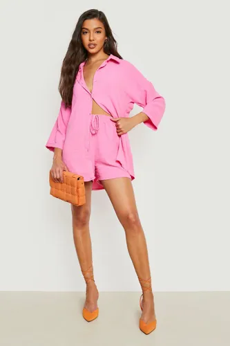 Womens Textured Woven Oversized Shirt & Shorts Set - Pink - 10, Pink