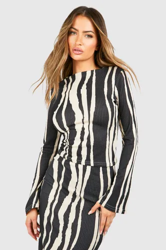 Womens Textured Zebra Print Flared Sleeve Top - Black - 6, Black