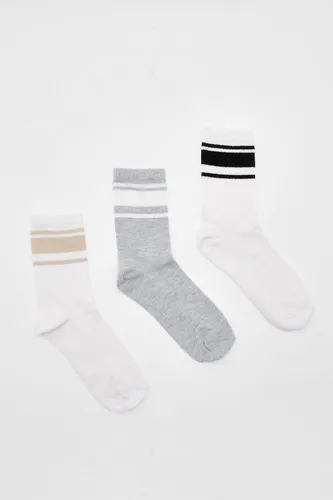 Womens Thick Stripe 3 Pack Sports Sock - Beige - One Size, Beige
