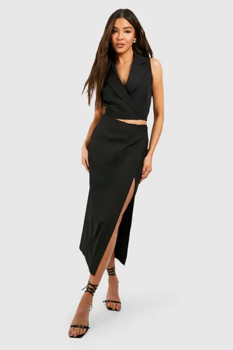 Womens Thigh Split Wrap Front Tailored Maxi Skirt - Black - 6, Black