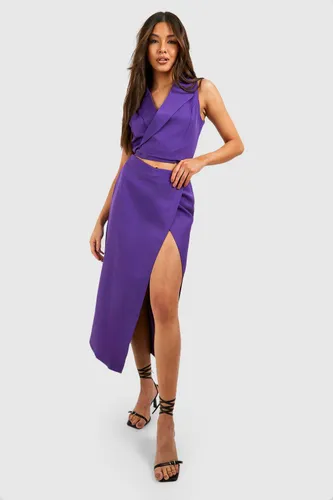 Womens Thigh Split Wrap Front Tailored Maxi Skirt - Purple - 6, Purple