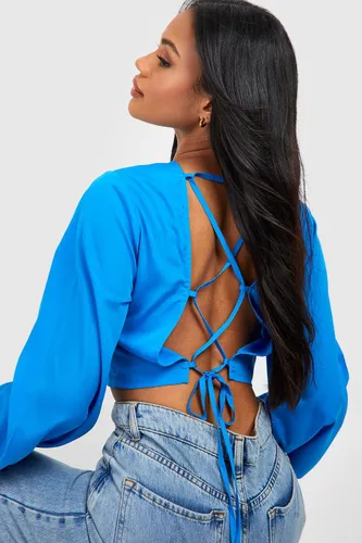 Womens Tie Back Detail Balloon Sleeve Cropped Top - Blue - 14, Blue