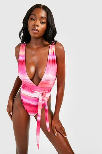 Womens Tie Dye Belted Plunge Swimsuit - Pink - 6, Pink