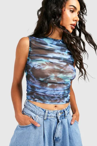 Womens Tie Dye Marble Ruched Sleeveless Vest - Blue - 6, Blue