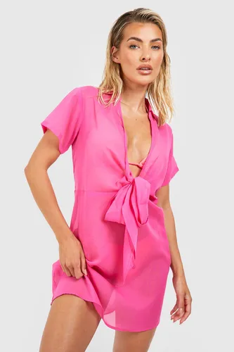 Womens Tie Front Chiffon Beach Mini Dress - Pink - S, Pink
