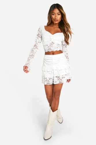 Womens Tie Front Lace Crop & Mini Skirt - White - 6, White