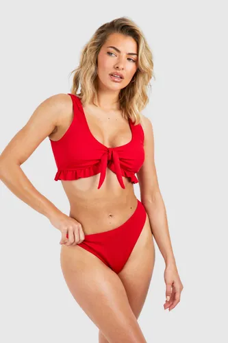 Womens Tie Ruffle Ribbed Bikini Set - Red - 6, Red