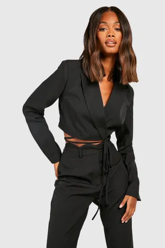 Womens Tie Waist Cropped Tailored Blazer - Black - 10, Black